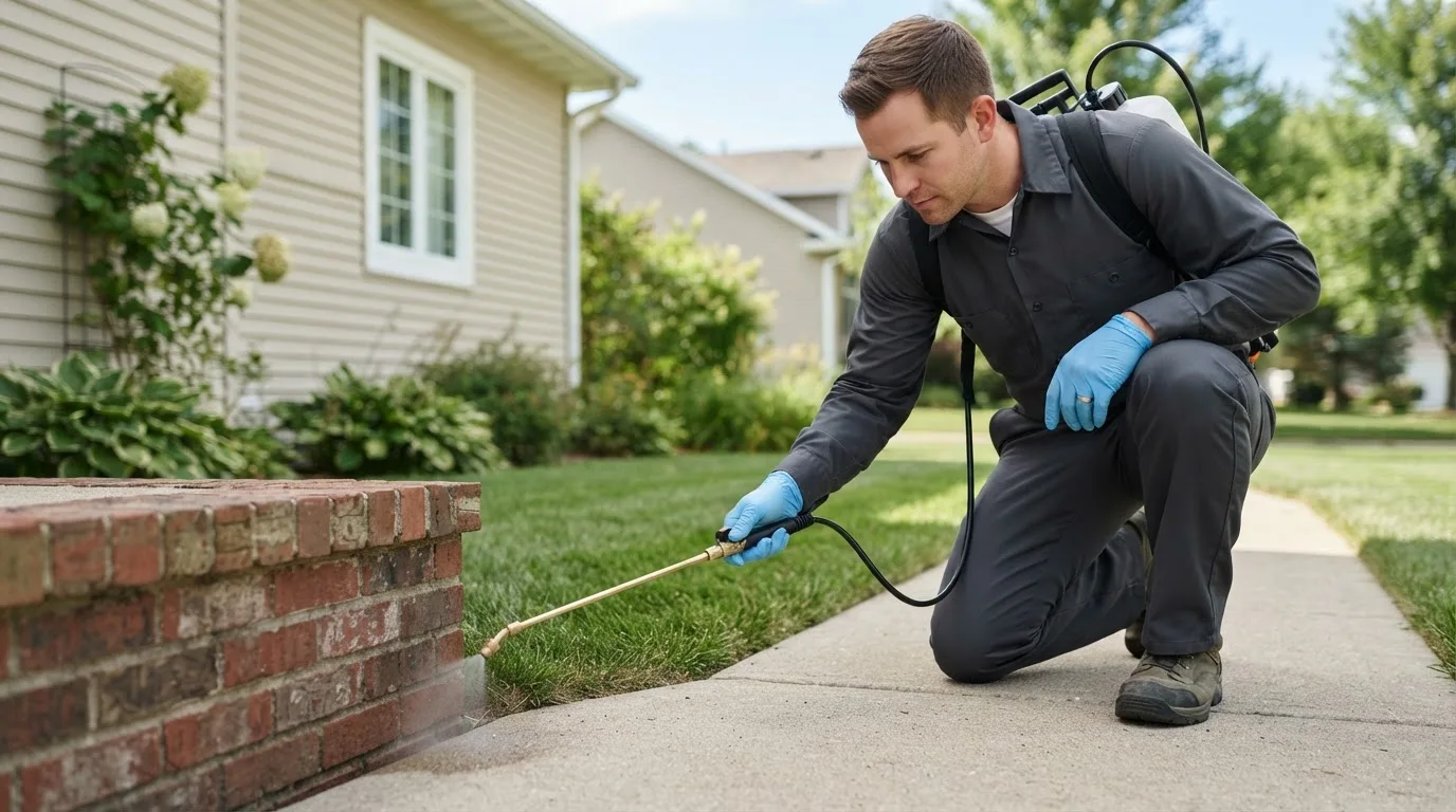 Pest control technician treating a home near Bellflower, IL